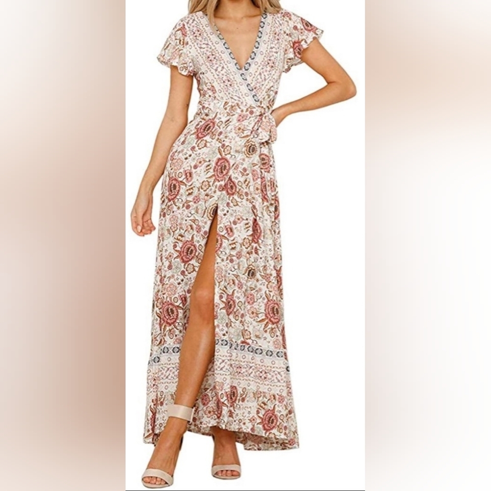 Floral Wrap Maxi Dress in Blush Rose Small